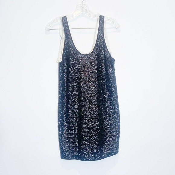 Wilfred Silk Black Mix Sequin mini dress with white frayed detailing SZXS - Picture 6 of 7